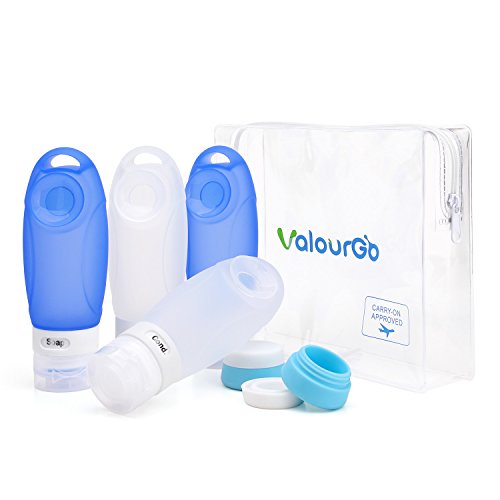 Valourgo Travel Bottles TSA Approved, Leakproof Silicone Refillable Travel Containers, 3 oz Squeezable Travel Tube Sets for Toiletries, Shampoo, Conditioner, Lotion(4 Bottles and 1 Toiletry Bag)