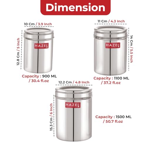 Image of HAZEL Stainless Steel Kitchen Container with Transparent Lid | Top See Through Kitchen Container Set with Matt Finish | Multipurpose Container for Kitchen Storage, Set of 3, 900 ML, 1100 ML, 1500 ML