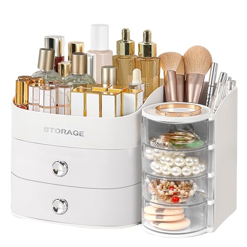 Makeup Organizer Countertop with Drawers, Make up Organizers for Vanity, Skincare Jewelry Earring Organizers, Cosmetic Display Cases Makeup Storage for Bedroom & Bathroom, Ideal Gifts for Women(White)