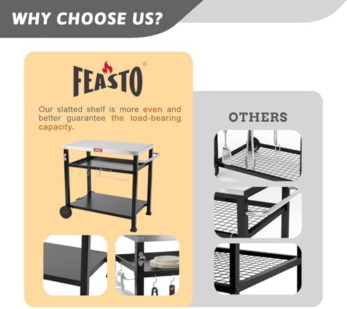 Feasto 3-Tier Outdoor Grill Table, Outdoor Pizza Oven Table, Movable Grill Cart with Wheels, Indoor & Outdoor Cooking Station, Pizza Oven Stand for Ooni Blackstone Griddle 33.5" x 21.7"
