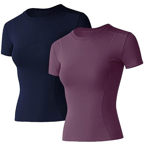 Loovoo Women Workout Shirts 1/2/3 Pack Athletic Compression Tee Dry Fit Yoga Gym Basic Tops - Medium - A1_2 Pack_dark Blue&purple_short Sleeve