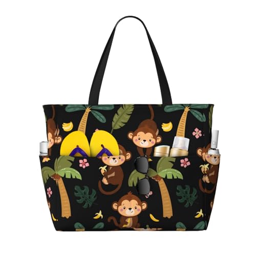 Monkeys Swinging from Palms Print Large Beach Tote Bag for Women Extra Large Capacity Sandproof Waterproof Pool Bag Suitable for Swimming Pool Gym Groceries Travel