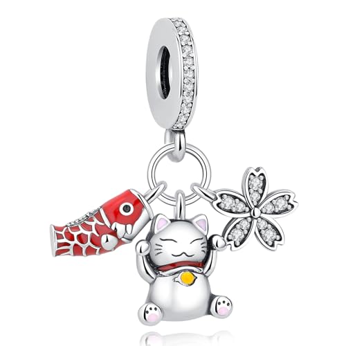 Nbsameng S925 Sterling Silver Charms Bead Compatible for Pandora Bracelets and Necklaces, DIY Jewelry for Women, Lucky Cat & Carp Flag & Cherry Blossom
