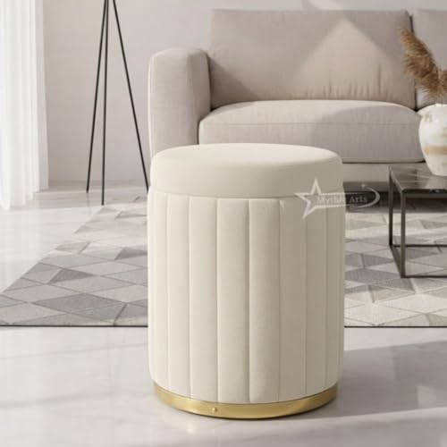 Image of Round Strip Stool with Cushion Foot Rest Office Stool Pouf Ottoman Padded Seat in Living Room - Cream