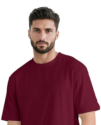 Image of GRECIILOOKS Men's Polycotton Textured Drop Shoulder Oversized Fit T-Shirt