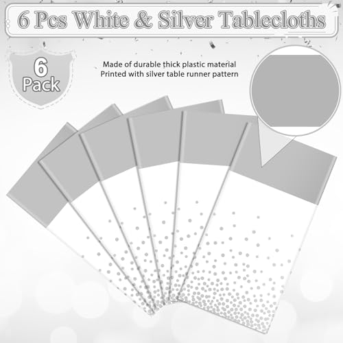 Image of MASHAN 6Pcs White and Silver Polka Dot Plastic Tablecloth, 54x108 Inch, Rectangular, Waterproof, Spill-proof, Stain Resistant, Ideal for Various Themed Parties, 6 Count