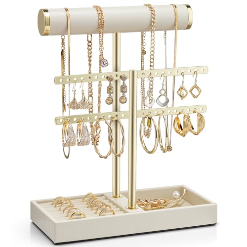 Vlando 2 Tier Necklace Holder Organizer with Tray, Leather Bracelet Holder Display for Women, Gold Jewelry Holder Stand for Bracelet, Necklace, Earrings, Rings - Cloud White B. Cloud White 2