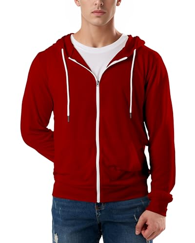 Ohoo Mens Lightweight Soft Fleece Lined Zip Up Hoodie with Pockets Long Sleeve Super Thin Slim Fit Hooded Sweatshirt