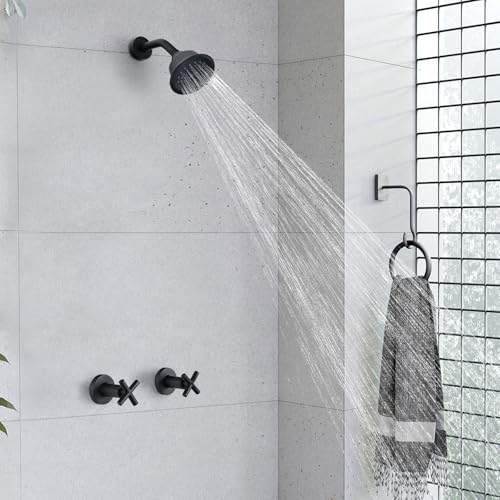Grifería para ducha de 2 manijas, conjunto de ducha con 2 perillas, kit de recorte para bañera y ducha con válvula, con cabezal de ducha lluvia de 3 modos, acabado en negro mate miniatura 4