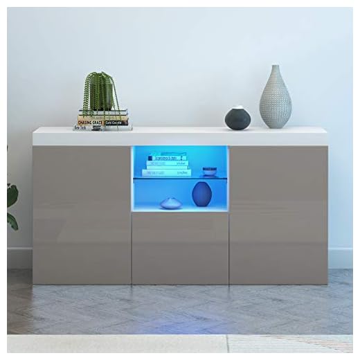 Panana Modern Hight Gloss Front Livingroom Cabinet with 3 Door, RBG LED Cupboard Sideboard Display Storage TV Unit Stand (Grey)