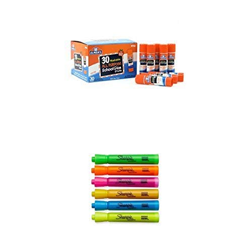Elmer's All Purpose School Glue Sticks, Washable, 30 Pack, 0.24-ounce sticks and Sharpie Accent Tank-Style Highlighters, 6 Colored Highlighters (25076) Bundle