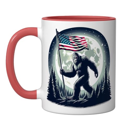 Bigfoot & Sasquatch, Patriotic, USA American Flag, Full Moon Ceramic Mug, Red/White, 11oz