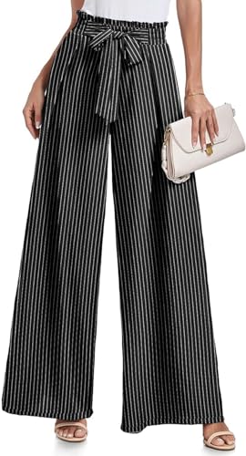utcoco Printed Pants for Women Work Casual Loose Trousers High Waist Adjustable Knot Wide Leg Pants with Pockets