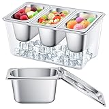 Singhoow 3 Containers Ice Chilled Condiment Caddy 30.5 oz Stainless Steel Serving Dish with Lids (3.75 Cup) for Bar Cold Accessories, Hummus, Fruit, Salad, Sauces, Restaurant Serving Party Supply