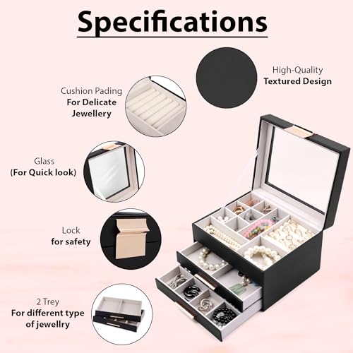 Image of BucketList Luxury PU Leather Jewellery Organizer Box with Glass Top | Multi-Drawer Jewelry Storage Case with Ring Slots & Compartments | Elegant Lockable (2 Drawers Jewellery Box (Black))