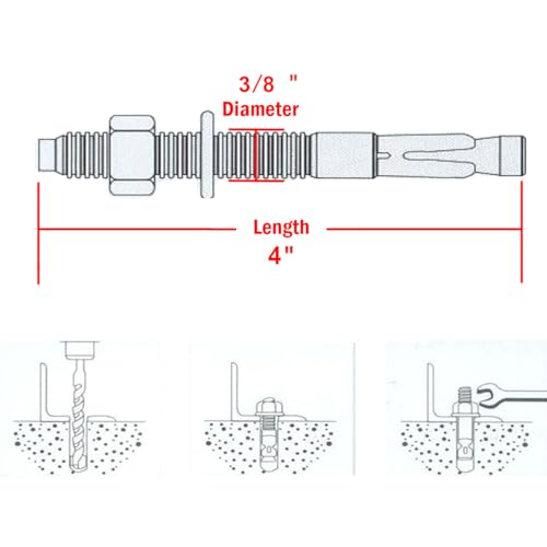 Image of 3 /8 inch X 4 inch Concrete Anchor, 304 Stainless Wedge Anchor with Excellent Anti-Rust Performance, 304(18-8) Stainless Steel Concrete Anchors and Screws Kit (10pcs)