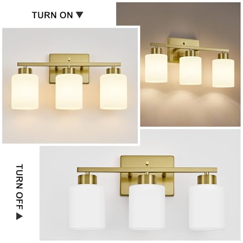 Image of FonmYim Brushed Gold Bathroom Light Fixtures, 3-Light Modern Vanity Light Over Mirror, Wall Sconces with Milky White Frosted Glass Shades, E26 Socket (Bulbs Not Included)