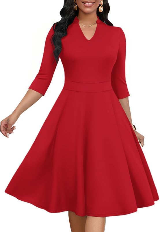 Church Dress for Women V Neck 3/4 Sleeve Midi Causal Cocktail Party A-Line Dresses ...