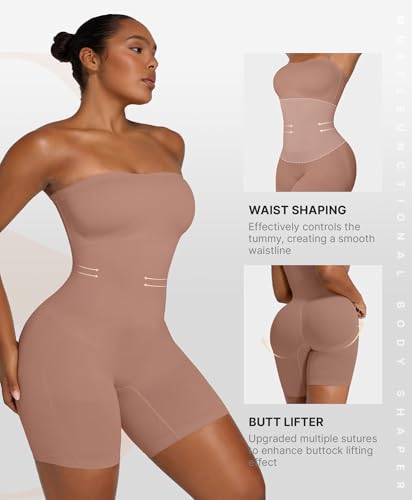 Image of SHAPELLX Women's Shapewear Bodysuits Tummy Control Butt Lifter Body Shaper Strapless Seamless Mid Thigh Jumpsuit Tops
