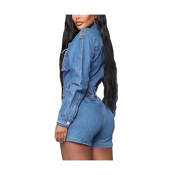 HannahZone Womens Casual Denim Romper Sexy Long Sleeve Elastic Button Down Jean Jumpsuits with Pockets