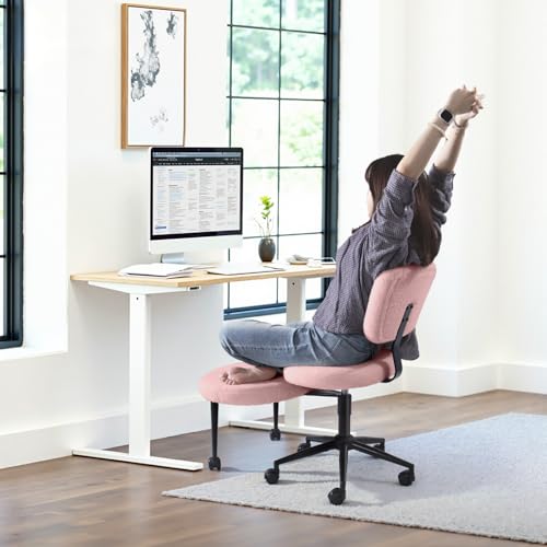 Image of VITESSE Cross-Legged Ergonomic Chair 360 Swivel with Wheels, Adjustable Meditation Seat for ADHD, Lumbar Support, Teddy Fabric Home Office Chair,Pink