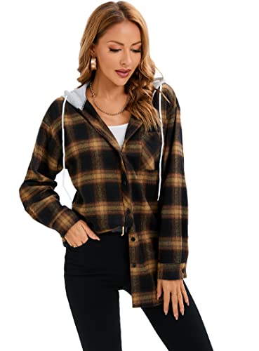 Women's Plaid Flannel Shirts Hoodie Long Sleeve Oversized Shirt Jacket Button Down Blouse Tops4