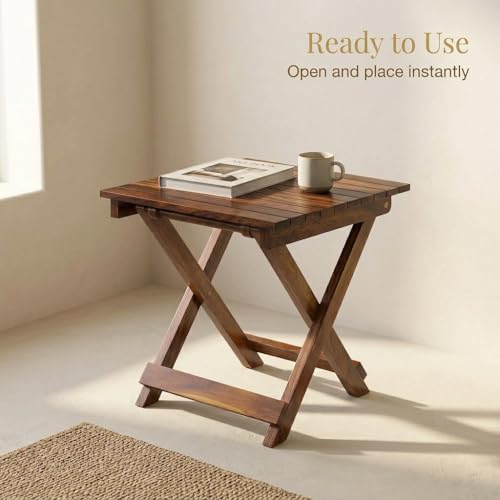Image of Wooden Folding Side Table, Brown Antique Finish, 15 Inch | Mango Wood, For Bedroom & Living Room, Coffee Table, Corner Teapoy