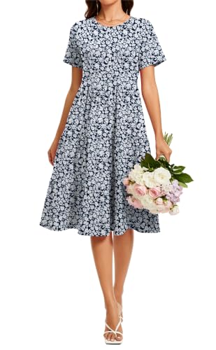 Image of Womens Summer Short Sleeve Crew Neck Midi Dress 2026 Casual Fit Flowy Tiered Beach Vacation Sundress with Pockets