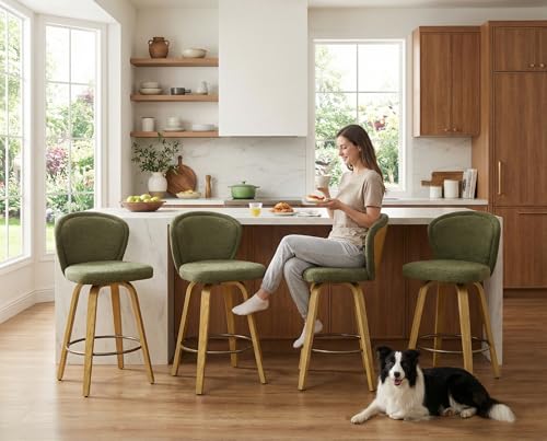 Image of HNY Swivel Counter Height Bar Stools Set of 4, 26 Inch Barstools with Wooden Leg and Back, Modern Chenille Upholstered Counter Stools for Kitchen Island, Green