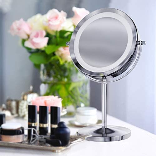 Gospire 10x Magnified Lighted Makeup Mirror Double Sided Round Magnifying Mirror Standing 360 Degree Swivel Vanity Mirror Battery Operated 7 Inch Diameter Shaving Bathroom Mirror