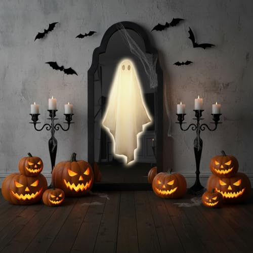 2025 Ghost Mirror Hologram with 25pcs 3D Bat Wall Stickers - LED Haunted Acrylic Wall Mirror with Spooky Hologram Effect Indoor Halloween Wall Decor for Bedroom Living Room 1
