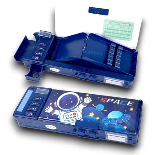 Image of Space Astronaut Pencil Box for Boys & Girls, Plastic Password Lock Pencil Box for School Kids Cute Button Pencil case Compass Box Gift for Boys,(Space Blue)