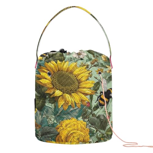 Image of ElliTarr Crochet Bag Yarn Bag with Handle Portable Knitting Project Bag Travel Yarn Storage Organizer Holder Case Bees Sunflowers Leaves Green