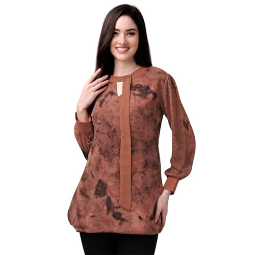 Image of Gufrina Women's Georgette Apple Cut Short Kurti with Long Puff Sleeves Western Style Keyhole Neck Solid Pattern Regular Fit and Mid Thigh Length