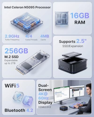 KAMRUI AK1PLUS Mini PC Computer, Intel Celeron N5095 (Up to 2.9GHz), 16GB RAM 256GB SSD, Dual 4K Mini Desktop Computer, Support 2.5'' SSD Expansion, WiFi, Bluetooth, Ethernet, Business Home Office PC