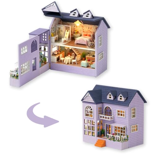 Image of TuKIIE DIY Miniature Dollhouse Kit with Furniture, 1:32 Scale Creative Room Opened & Closed Mini Wooden Doll House for Kids Teens Adults(Happy House)