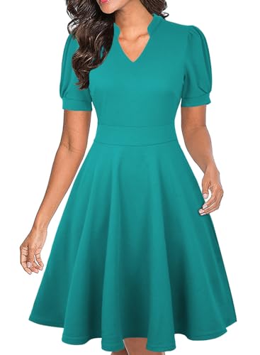 Image of Mokayee Womens Summer Short Puff Sleeve Casual Semi-Formal Fit and Flare Church Wedding Guest Work Dresses with Pockets