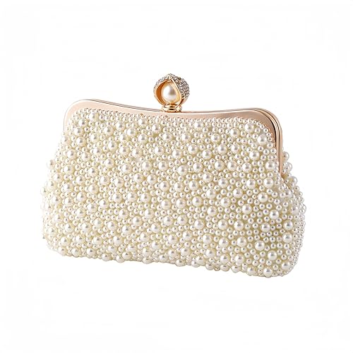Image of Women Pearl Evening Bag Bride Beaded Clutch Purse Cream White for Wedding Party
