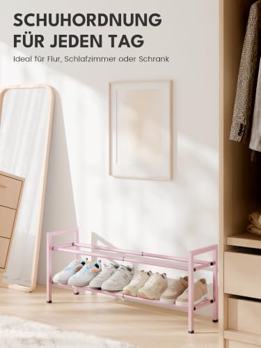 Image of Bumusty 2-Tier Expandable Shoe Rack for Closet, 18 inch-33 inch Adjustable Shoe Rack for Small Space, Small Shoe Organizer for Front Door, Sturdy Metal, Pink