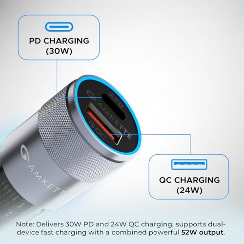 Image of MOZEN by Amkette PowerPro 52W Car Charger Type C+USB A Dual Port Car Charger Socket, Fast Charging, Metallic shell with ABS Build, Safety Protections, Multi-Device Compatible - Mobiles, Tablets & More