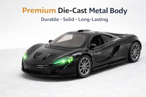 Image of TEC TAVAKKAL 1:36 Scale Diecast Metal Toy Car with Openable Doors, Pull-Back Action, LED Lights & Music - Premium Mini Sports Car Model for Kids & Collectors (Black)
