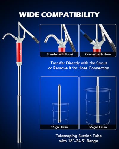 Image of OMT 55 Gallon Drum Pump, Lever Action Barrel Pump for 15 to 55 gal Drums | Heavy Duty Barrel Hand Pump with Telescoping Suction Tube Transferring Heating Oil, Motor Oil, Transmission Fluid
