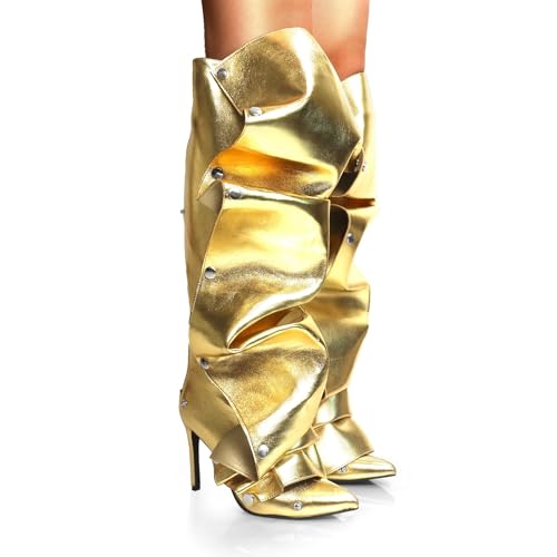 Liliana Women's Pointed Toe Stiletto High Heels Pleated Button Detachable Fold Over Slouchy Fashion Boots (RUNS SMALL)4