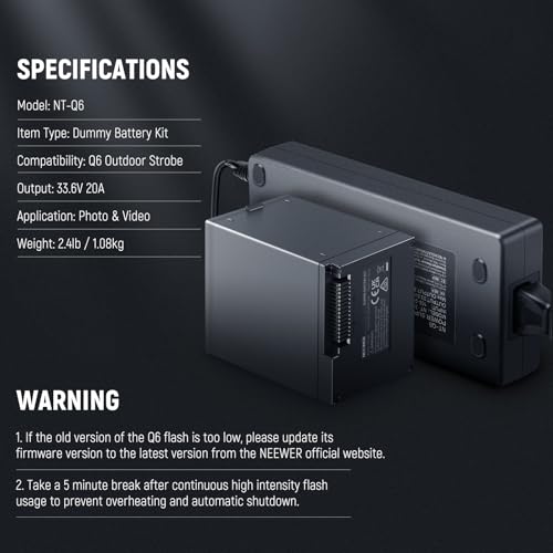 Image of NEEWER Q6 Dummy Battery Kit for Q6 Outdoor Flash Strobe Speedlight with AC Power Adapter & Cable (US Plug), 33.6V 20A Replacement for NB-Q6 Battery, Intelligent Safety Protection, 16.4ft Length, NT-Q6