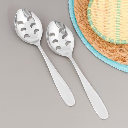 Image of Culinex Premium Stainless Steel 9.6 inch Oval Slotted Serving Spoon Set of 2 | All Purpose Kitchen Serving Spoon, Silver Rustproof Dishwasher Safe Kitchen Tools, Tableware By thinKitchen (Deluxe)