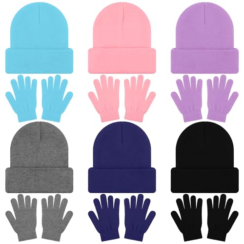 Cooraby 6 Pack Beanies Hats and 6 Pairs Stretchy Full Fingers Gloves for Boys Girls (Heather Grey, Light Purple, Light Pink, Multicolor)
