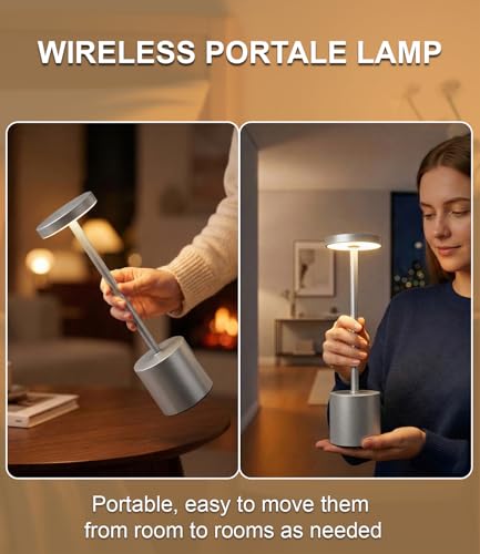 Image of Silver Cordless Table Lamp Rechargeable - 2 Pack 5000mAH Battery Operated Lamp for Counter, 3 Color Stepless Dimming Waterproof LED Wireless Lamp for Dining Kitchen, Outdoor Patio, Touch Control