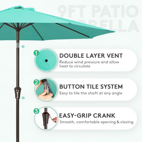 Image of JEAREY 9FT Outdoor Patio Umbrella Market Umbrella with Push Button Tilt and Crank, Outdoor Table Umbrellas 8 Sturdy Ribs UV Protection Waterproof for Garden, Deck, Backyard, Pool (Teal)