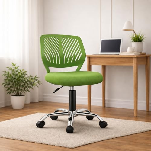 Image of Modern Ergonomic Office Chair, Green, Adjustable Height, Chrome Base with Wheels, Mesh Back Design, Task Seating