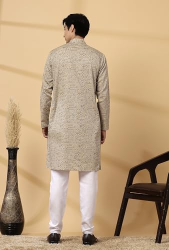 Image of Majestic Man Men's Cotton Regular Fit Casual Mandarin Collar Ethnic Motifs Printed Long Regular Kurta